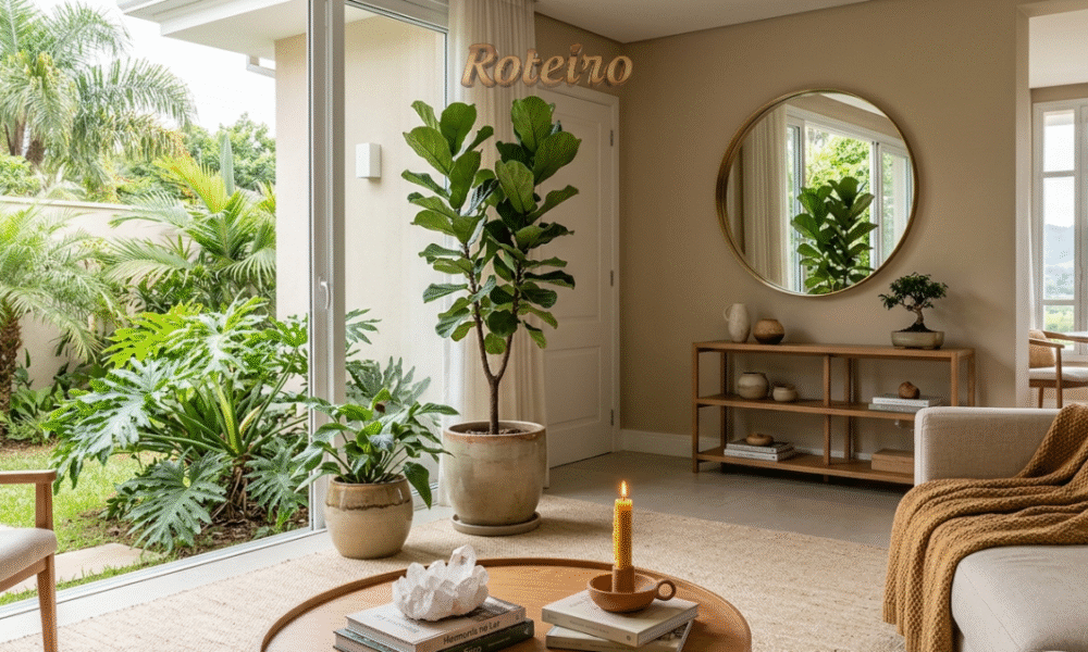 Sala de estar iluminada com decoração em tons terrosos, sofá de linho bege, almofadas terracota e mesa de centro em madeira rústica. Ao fundo, janela ampla com vista para o verde de São José dos Campos. No canto inferior, selo Circuito Casa e Detalhes Portal Roteiro