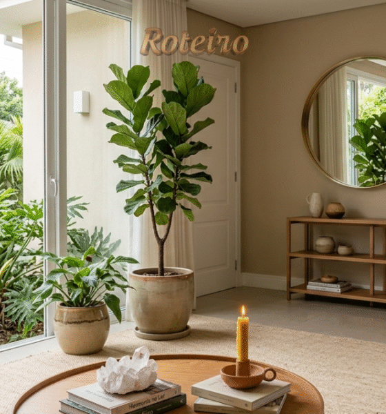 Sala de estar iluminada com decoração em tons terrosos, sofá de linho bege, almofadas terracota e mesa de centro em madeira rústica. Ao fundo, janela ampla com vista para o verde de São José dos Campos. No canto inferior, selo Circuito Casa e Detalhes Portal Roteiro