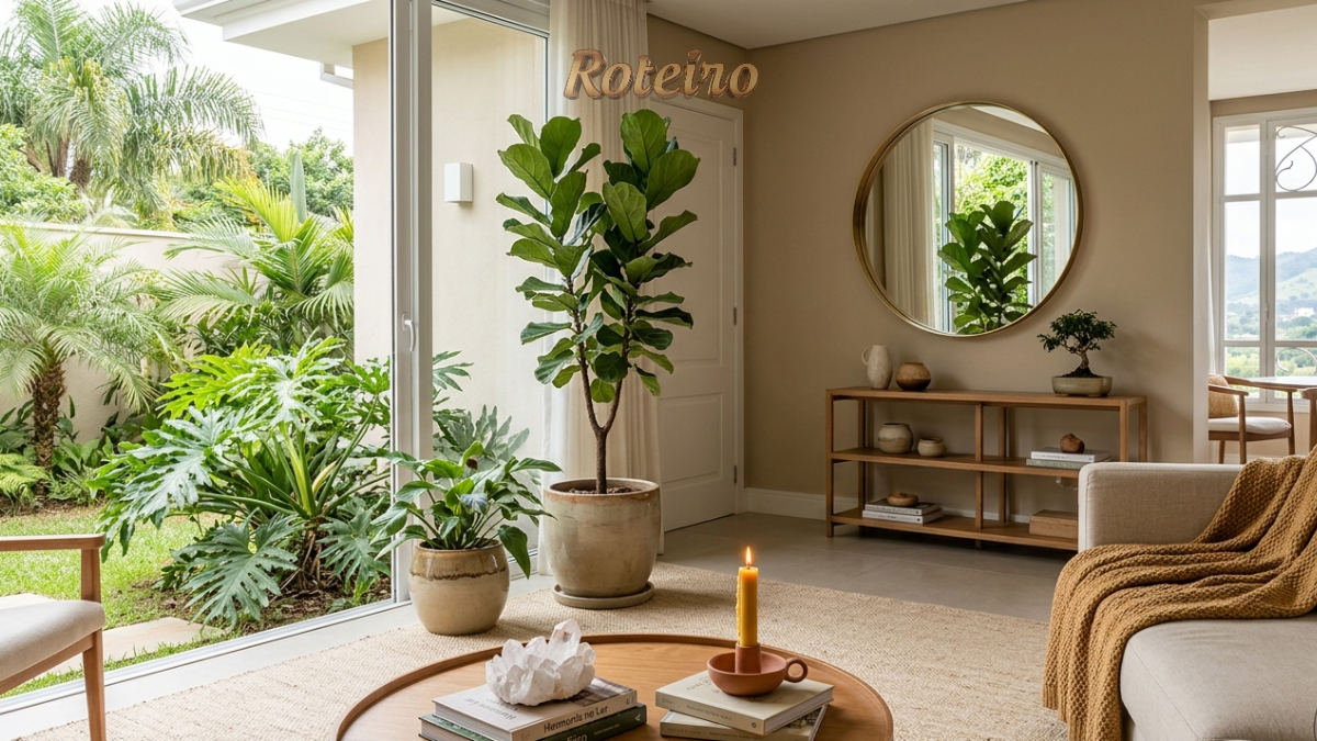 Sala de estar iluminada com decoração em tons terrosos, sofá de linho bege, almofadas terracota e mesa de centro em madeira rústica. Ao fundo, janela ampla com vista para o verde de São José dos Campos. No canto inferior, selo Circuito Casa e Detalhes Portal Roteiro