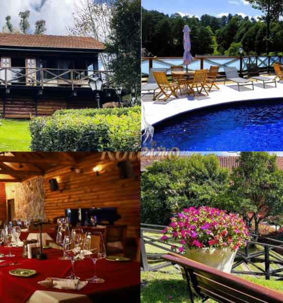 Quatro fotos mostrando varios espaço do Hotel Savoy em Campos do Jordão