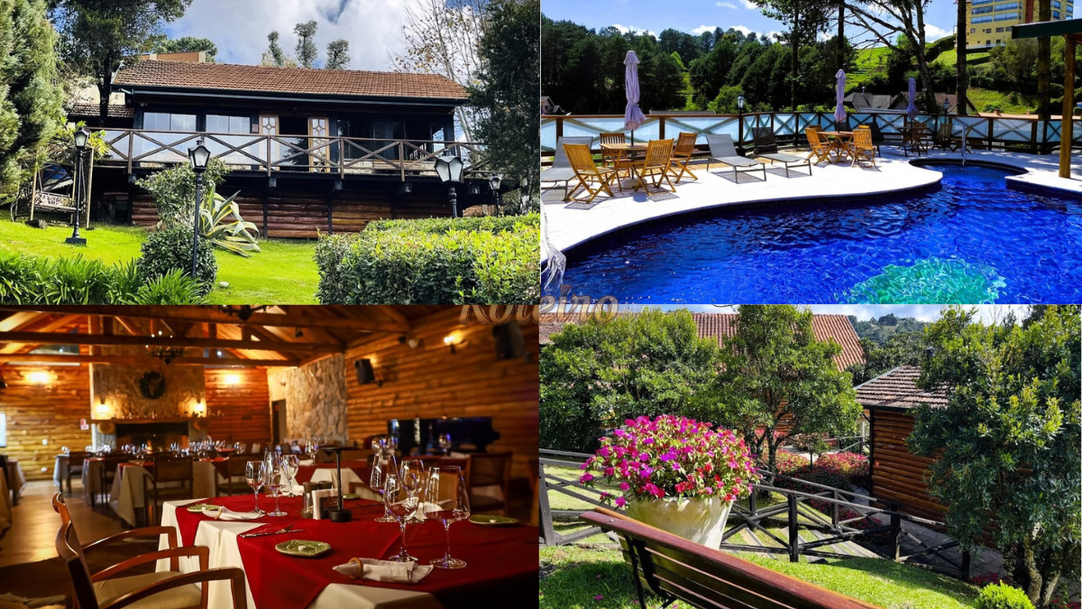 Quatro fotos mostrando varios espaço do Hotel Savoy em Campos do Jordão