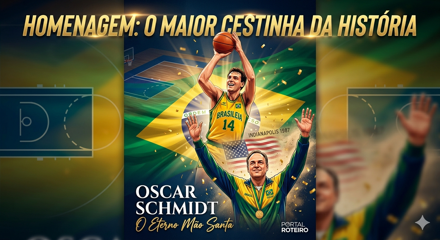 Ilustração fotográfica vertical e vibrante de Oscar Schmidt, o "Mão Santa". No topo, o texto dourado "HOMENAGEM: O MAIOR CESTINHA DA HISTÓRIA". Em primeiro plano, o jovem Oscar arremessa uma bola com a camisa amarela número 14 do Brasil. Atrás dele, ele aparece sorrindo e comemorando a vitória do Pan de 1987, com a medalha de ouro no peito. O fundo é uma quadra de basquete com a bandeira brasileira e confetes dourados. No canto inferior, o nome "OSCAR SCHMIDT (1958 - 2026)" e a logo do "PORTAL ROTEIRO".