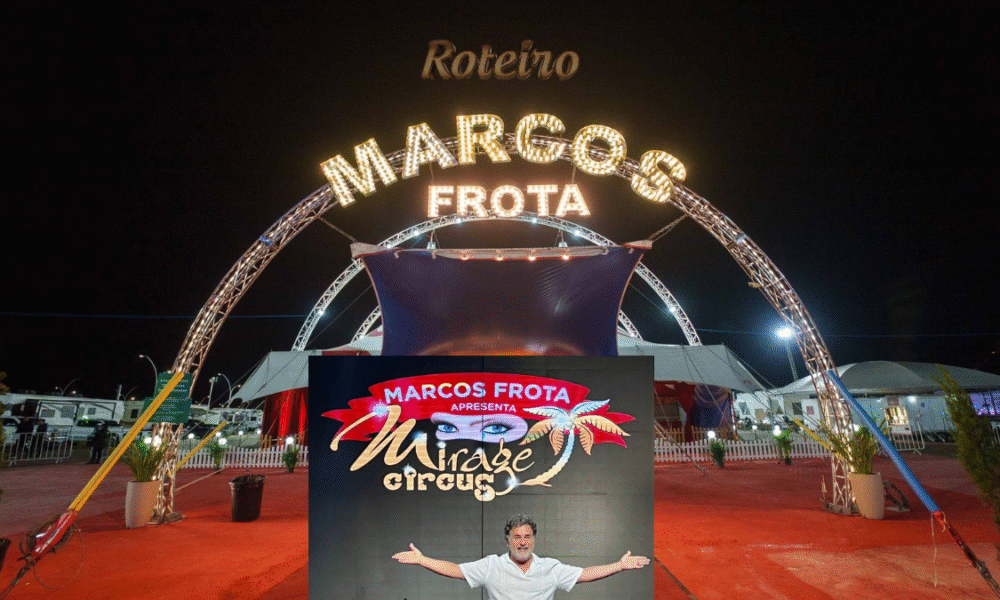 Montagem fotográfica da estreia do Mirage Circus em São José dos Campos. No centro a foto da entrada do circo e abaixo o Marcos fronta e a logo do circo em São José dos Campos