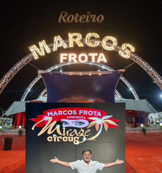 Montagem fotográfica da estreia do Mirage Circus em São José dos Campos. No centro a foto da entrada do circo e abaixo o Marcos fronta e a logo do circo em São José dos Campos