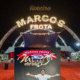 Montagem fotográfica da estreia do Mirage Circus em São José dos Campos. No centro a foto da entrada do circo e abaixo o Marcos fronta e a logo do circo em São José dos Campos