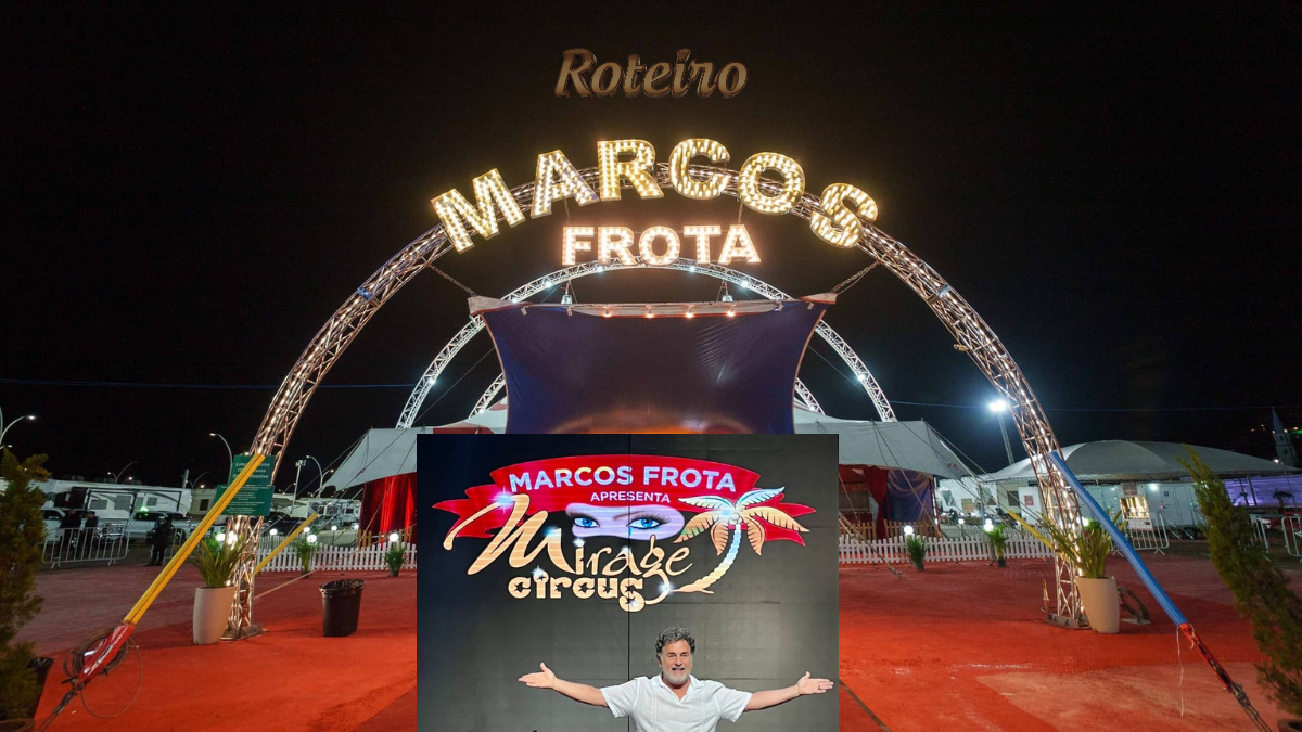 Montagem fotográfica da estreia do Mirage Circus em São José dos Campos. No centro a foto da entrada do circo e abaixo o Marcos fronta e a logo do circo em São José dos Campos