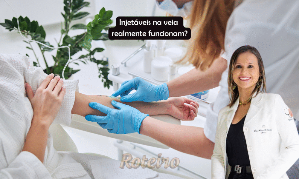 Terapias Injetáveis e Soroterapia SJC, na imagem uma pessoa esta recebendo a terapia injetavel e tem a foto da dra Adriana Oliveira do lado