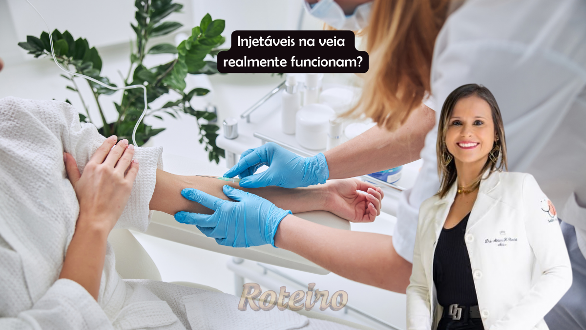 Terapias Injetáveis e Soroterapia SJC, na imagem uma pessoa esta recebendo a terapia injetavel e tem a foto da dra Adriana Oliveira do lado