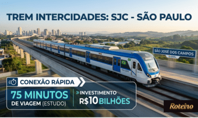 Infográfico vertical do Portal Roteiro sobre o Trem Intercidades entre São José dos Campos e São Paulo. Na parte superior, um cabeçalho azul escuro com o título "TREM INTERCIDADES: SJC - SÃO PAULO". Ao centro, uma renderização fotorrealista de um trem moderno azul e branco em um viaduto de concreto elevado, com a placa "SÃO JOSÉ DOS CAMPOS" à direita. Na parte inferior, um painel gráfico com o cronômetro de "CONEXÃO RÁPIDA" e os seguintes detalhes: "75 MINUTOS DE VIAGEM (ESTUDO)" e "INVESTIMENTO R$ 10 BILHÕES". Uma seção adicional lista os "Destaques do Estudo": Distância (~100 km), Impacto (+10 milhões de passageiros/ano) e Próxima Fase (Definição de Concessão). O rodapé exibe o CTA: "SAIBA MAIS NO LINK DA BIO | PORTAL ROTEIRO".