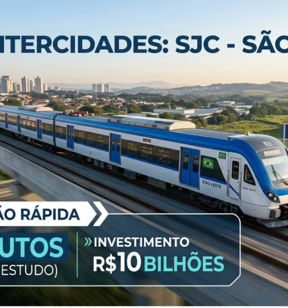 Infográfico vertical do Portal Roteiro sobre o Trem Intercidades entre São José dos Campos e São Paulo. Na parte superior, um cabeçalho azul escuro com o título "TREM INTERCIDADES: SJC - SÃO PAULO". Ao centro, uma renderização fotorrealista de um trem moderno azul e branco em um viaduto de concreto elevado, com a placa "SÃO JOSÉ DOS CAMPOS" à direita. Na parte inferior, um painel gráfico com o cronômetro de "CONEXÃO RÁPIDA" e os seguintes detalhes: "75 MINUTOS DE VIAGEM (ESTUDO)" e "INVESTIMENTO R$ 10 BILHÕES". Uma seção adicional lista os "Destaques do Estudo": Distância (~100 km), Impacto (+10 milhões de passageiros/ano) e Próxima Fase (Definição de Concessão). O rodapé exibe o CTA: "SAIBA MAIS NO LINK DA BIO | PORTAL ROTEIRO".