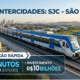 Infográfico vertical do Portal Roteiro sobre o Trem Intercidades entre São José dos Campos e São Paulo. Na parte superior, um cabeçalho azul escuro com o título "TREM INTERCIDADES: SJC - SÃO PAULO". Ao centro, uma renderização fotorrealista de um trem moderno azul e branco em um viaduto de concreto elevado, com a placa "SÃO JOSÉ DOS CAMPOS" à direita. Na parte inferior, um painel gráfico com o cronômetro de "CONEXÃO RÁPIDA" e os seguintes detalhes: "75 MINUTOS DE VIAGEM (ESTUDO)" e "INVESTIMENTO R$ 10 BILHÕES". Uma seção adicional lista os "Destaques do Estudo": Distância (~100 km), Impacto (+10 milhões de passageiros/ano) e Próxima Fase (Definição de Concessão). O rodapé exibe o CTA: "SAIBA MAIS NO LINK DA BIO | PORTAL ROTEIRO".