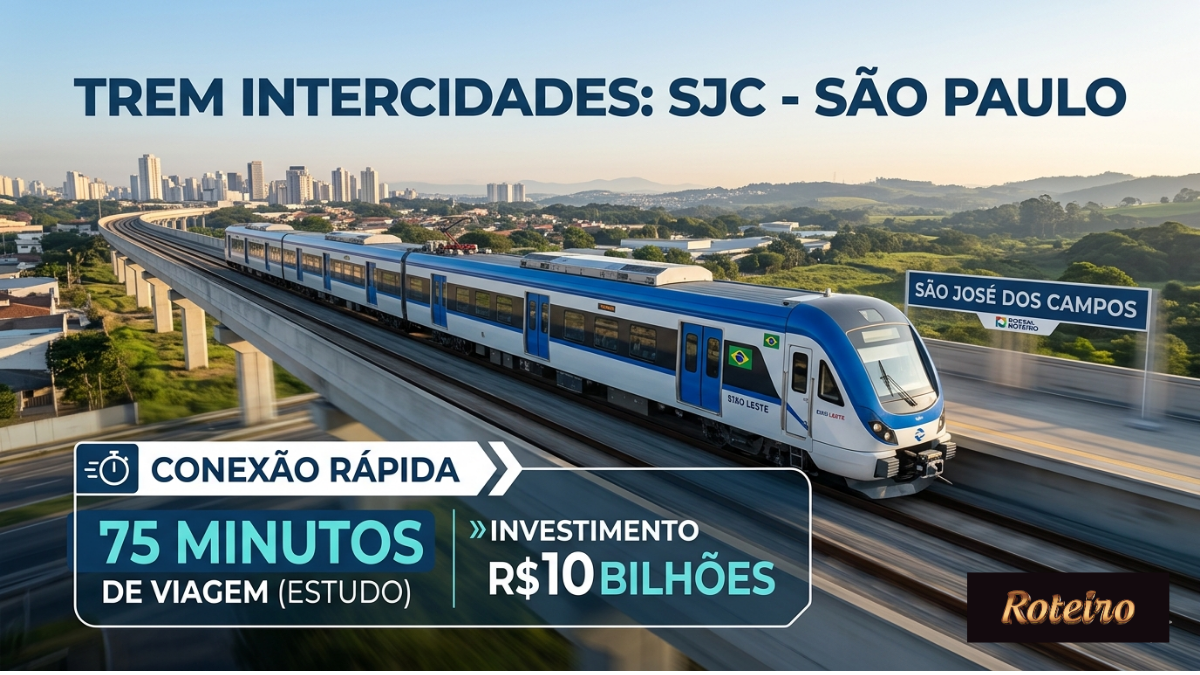 Infográfico vertical do Portal Roteiro sobre o Trem Intercidades entre São José dos Campos e São Paulo. Na parte superior, um cabeçalho azul escuro com o título "TREM INTERCIDADES: SJC - SÃO PAULO". Ao centro, uma renderização fotorrealista de um trem moderno azul e branco em um viaduto de concreto elevado, com a placa "SÃO JOSÉ DOS CAMPOS" à direita. Na parte inferior, um painel gráfico com o cronômetro de "CONEXÃO RÁPIDA" e os seguintes detalhes: "75 MINUTOS DE VIAGEM (ESTUDO)" e "INVESTIMENTO R$ 10 BILHÕES". Uma seção adicional lista os "Destaques do Estudo": Distância (~100 km), Impacto (+10 milhões de passageiros/ano) e Próxima Fase (Definição de Concessão). O rodapé exibe o CTA: "SAIBA MAIS NO LINK DA BIO | PORTAL ROTEIRO".