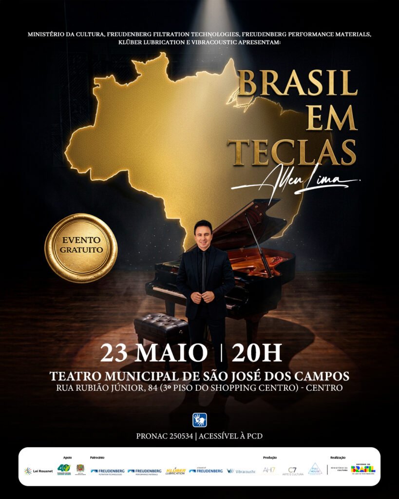 Cartaz oficial do espetáculo Brasil em Teclas com Allen Lima posado à frente de um piano de cauda sob holofote, ao fundo silhueta dourada do mapa do Brasil. Data: 23 de maio, 20h, Teatro Municipal de São José dos Campos