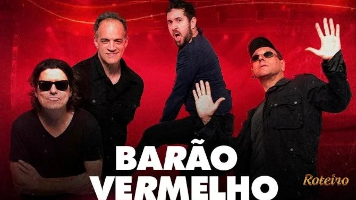 Quatro integrantes do Barão Vermelho posam para foto promocional com fundo vermelho intenso. Os músicos vestem roupas escuras e aparecem em poses expressivas. Na parte inferior da imagem, o nome da banda em letras brancas grandes: "Barão Vermelho". No canto inferior direito, a marca d'água do Portal RoteiroSJC.