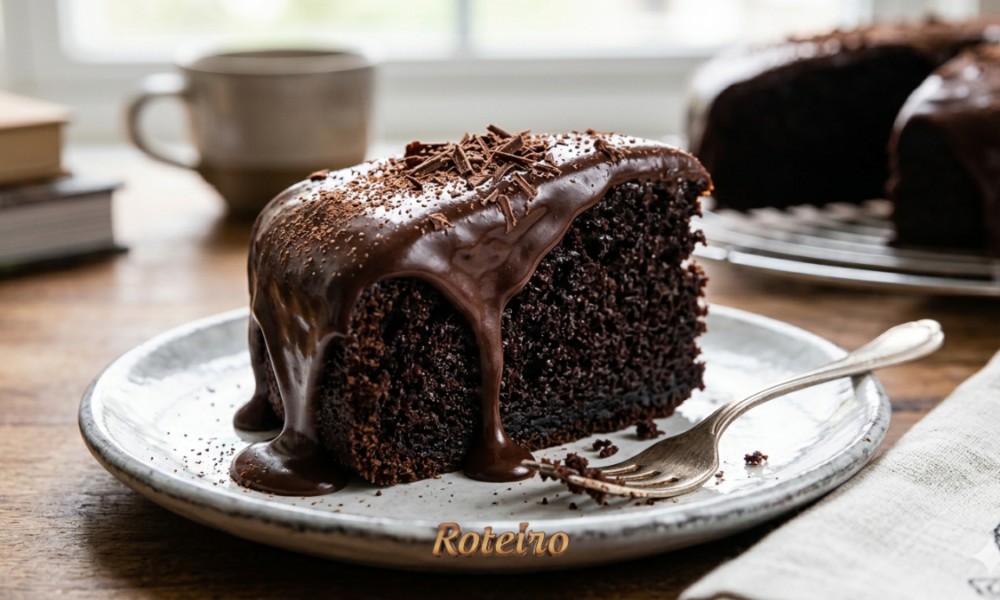 Fatia de bolo de chocolate com cobertura de ganache escorrendo sobre prato rústico branco, acompanhada de garfo prateado, raspas de chocolate por cima e bolo inteiro ao fundo sobre mesa de madeira
