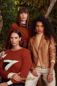 Três mulheres com looks outono/inverno em tons terrosos — ferrugem, caramelo e caramelo — tendências de moda SJC 2026