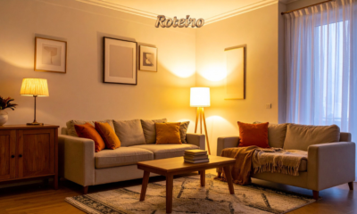 Sala de estar decorada com manta, almofadas e iluminação quente para o inverno em SJC — foto ilustrativa