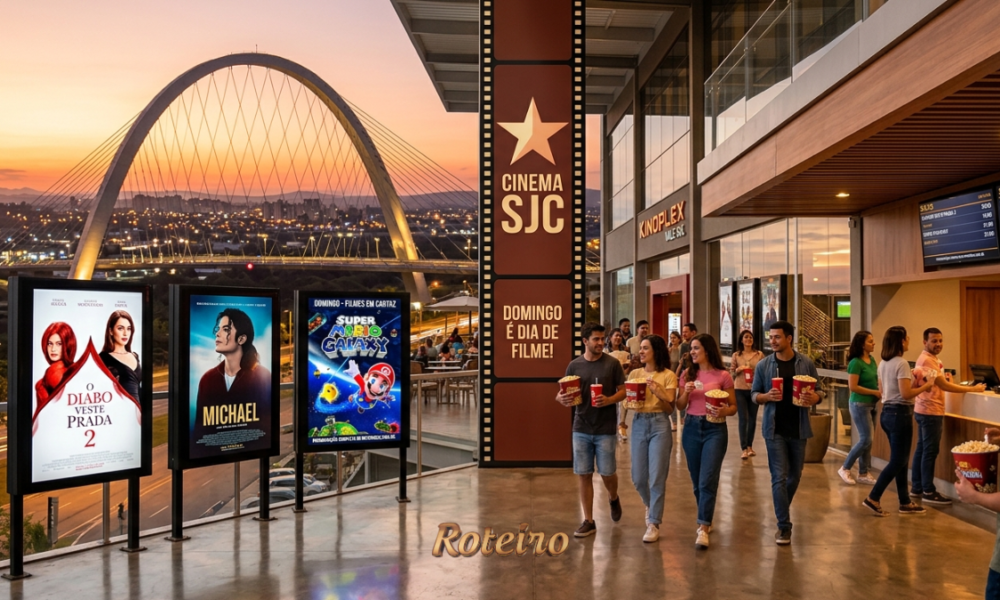 Um grupo de amigos caminha segurando pipoca em uma varanda de cinema ao pôr do sol, com três cartazes de filmes e a Ponte Estaiada de São José dos Campos ao fundo.