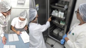 Enfermeira Helen Faria e técnica registram dados no Banco de Leite e equipe do Banco de Leite SJC verifica armazenamento de leite humano pasteurizado no Hospital Municipal