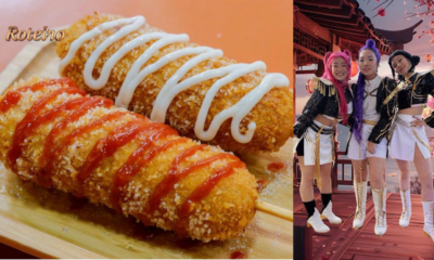 Montagem com dois registros do Vale Nihon Matsuri: à esquerda, Stick Dog Coreano empanado com molhos sobre tábua de madeira; à direita, trio do grupo Guerreiras do K-Pop Cover com fantasias temáticas em cenário oriental com flores de cerejeira ao fundo