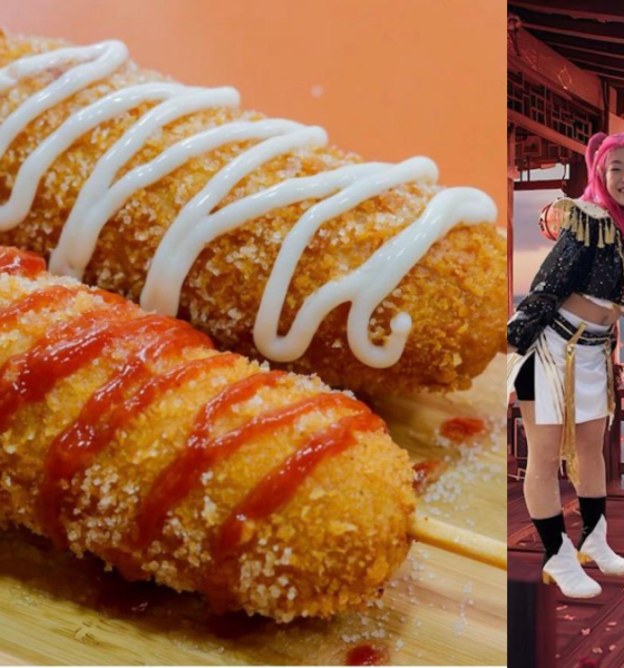 Montagem com dois registros do Vale Nihon Matsuri: à esquerda, Stick Dog Coreano empanado com molhos sobre tábua de madeira; à direita, trio do grupo Guerreiras do K-Pop Cover com fantasias temáticas em cenário oriental com flores de cerejeira ao fundo