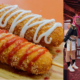 Montagem com dois registros do Vale Nihon Matsuri: à esquerda, Stick Dog Coreano empanado com molhos sobre tábua de madeira; à direita, trio do grupo Guerreiras do K-Pop Cover com fantasias temáticas em cenário oriental com flores de cerejeira ao fundo