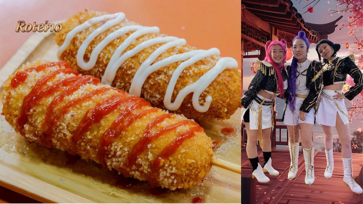 Montagem com dois registros do Vale Nihon Matsuri: à esquerda, Stick Dog Coreano empanado com molhos sobre tábua de madeira; à direita, trio do grupo Guerreiras do K-Pop Cover com fantasias temáticas em cenário oriental com flores de cerejeira ao fundo