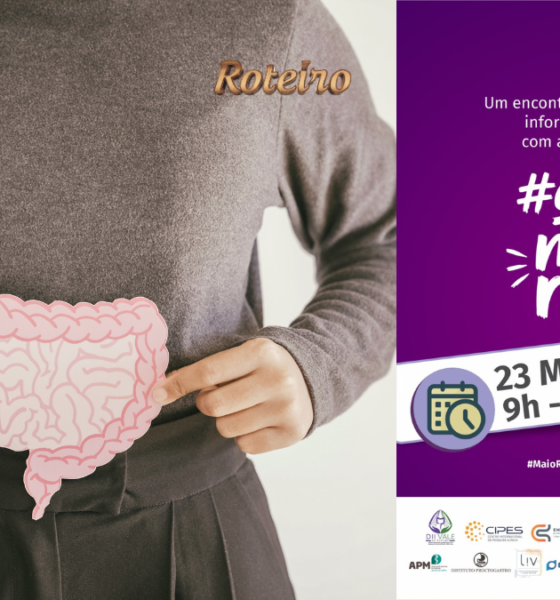 Uma mulher segundo o desenho de um intestino e a Arte do evento Maio Roxo SJC no Parque Vicentina Aranha São José dos Campos