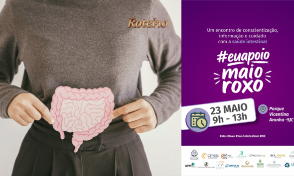 Uma mulher segundo o desenho de um intestino e a Arte do evento Maio Roxo SJC no Parque Vicentina Aranha São José dos Campos