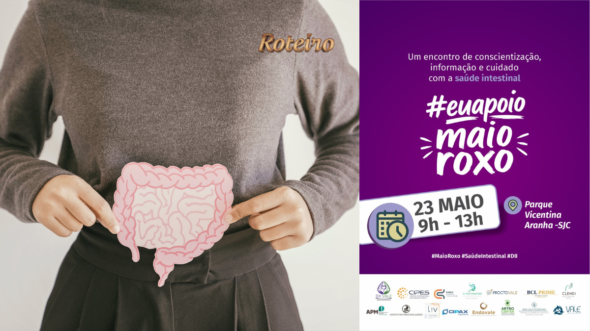 Uma mulher segundo o desenho de um intestino e a Arte do evento Maio Roxo SJC no Parque Vicentina Aranha São José dos Campos