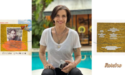 Marina Lima sorridente em foto ao ar livre, sentada à beira de uma piscina, vestindo camiseta branca e segurando um celular. Ao lado esquerdo, capa do álbum Ópera Grunkie com colagem artística em dourado e foto antiga da cantora. À direita, contracapa do disco com tracklist impresso sobre fundo texturizado dourado.
