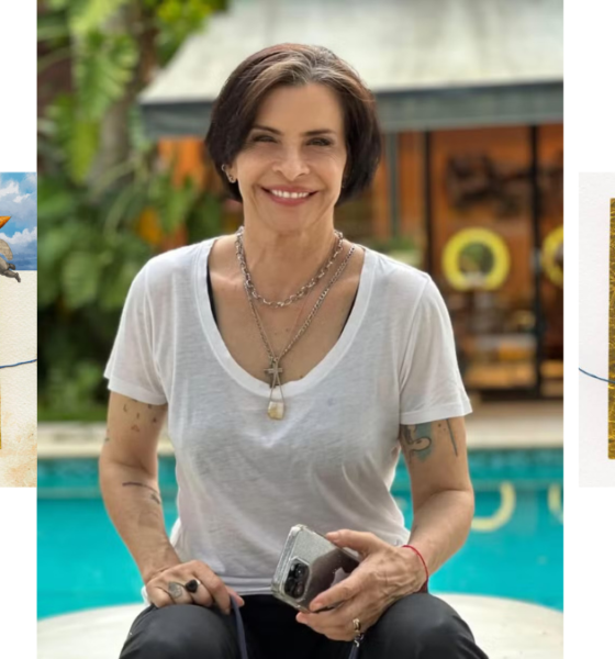 Marina Lima sorridente em foto ao ar livre, sentada à beira de uma piscina, vestindo camiseta branca e segurando um celular. Ao lado esquerdo, capa do álbum Ópera Grunkie com colagem artística em dourado e foto antiga da cantora. À direita, contracapa do disco com tracklist impresso sobre fundo texturizado dourado.