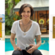 Marina Lima sorridente em foto ao ar livre, sentada à beira de uma piscina, vestindo camiseta branca e segurando um celular. Ao lado esquerdo, capa do álbum Ópera Grunkie com colagem artística em dourado e foto antiga da cantora. À direita, contracapa do disco com tracklist impresso sobre fundo texturizado dourado.