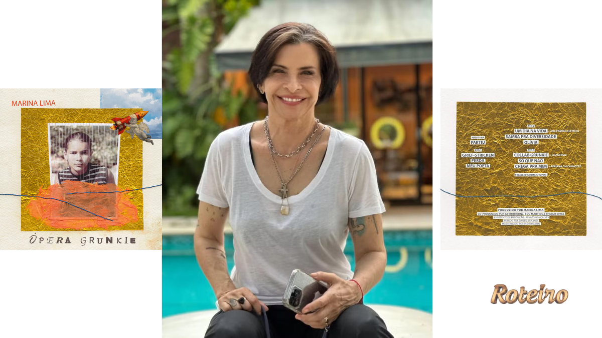 Marina Lima sorridente em foto ao ar livre, sentada à beira de uma piscina, vestindo camiseta branca e segurando um celular. Ao lado esquerdo, capa do álbum Ópera Grunkie com colagem artística em dourado e foto antiga da cantora. À direita, contracapa do disco com tracklist impresso sobre fundo texturizado dourado.