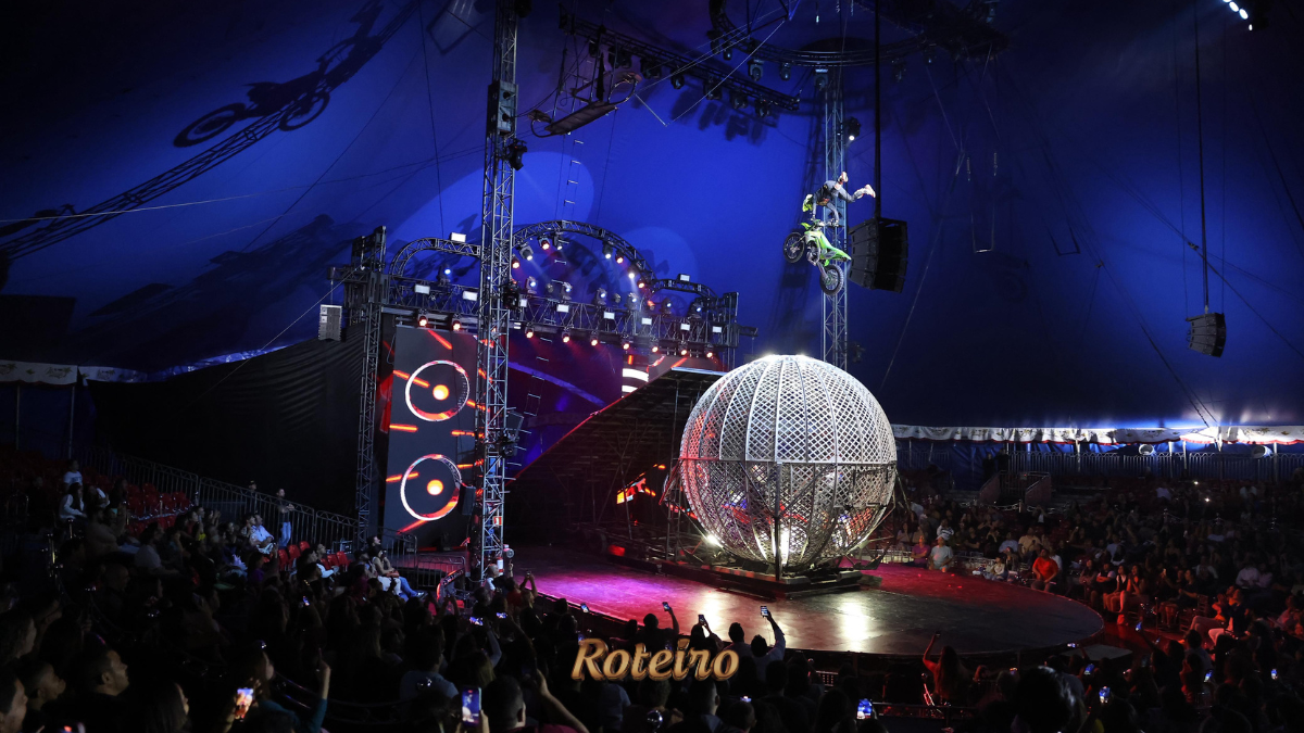 Vista interna do Mirage Circus com plateia lotada em ambiente de iluminação azul intensa. No centro da pista, uma grande gaiola esférica metálica iluminada. Ao fundo, um acrobata realiza manobra de moto em rampa elevada. Estrutura de treliças, telões de LED e efeitos de luz compõem o cenário grandioso do espetáculo.