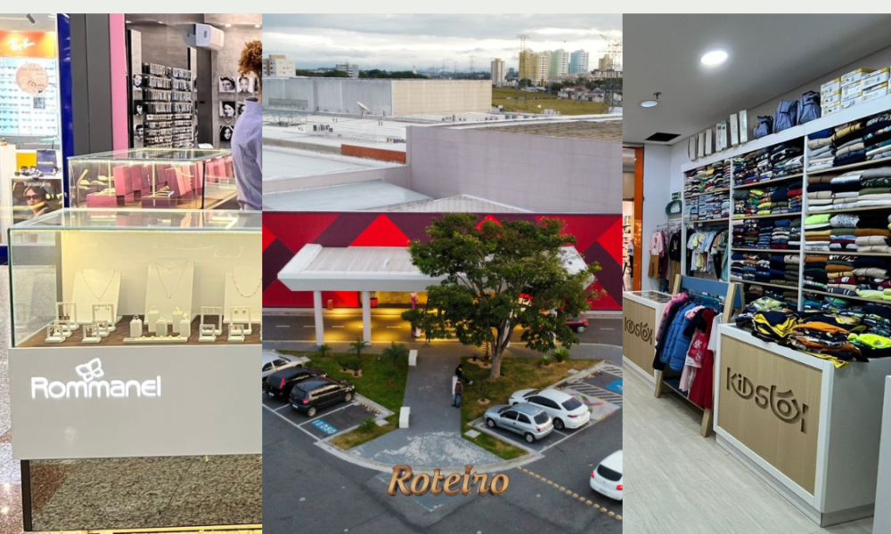 Colagem com quiosque Rommanel, fachada aérea e interior da Kidstok — novas lojas inauguradas no Shopping Jardim Oriente em São José dos Campos em 2026 — foto Roteiro SJC