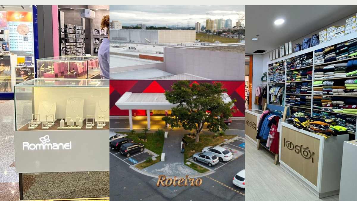Colagem com quiosque Rommanel, fachada aérea e interior da Kidstok — novas lojas inauguradas no Shopping Jardim Oriente em São José dos Campos em 2026 — foto Roteiro SJC
