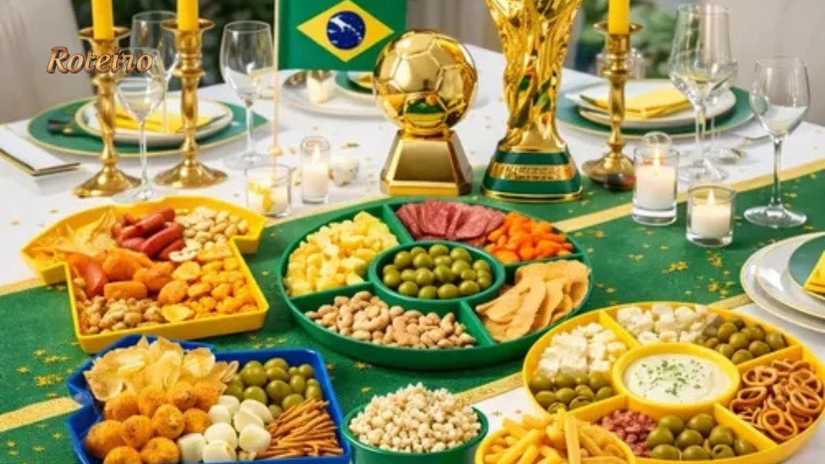 Mesa com petiscos variados e decoração verde e amarela para assistir os jogos da Copa do Mundo 2026 em casa — foto ilustrativa