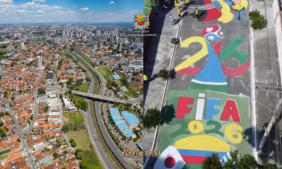 Montagem com vista aérea de São José dos Campos à esquerda, mostrando avenida principal e skyline da cidade, e à direita rua de bairro pintada com arte temática da Copa do Mundo FIFA 2026 nas cores verde, amarelo, azul e vermelho, com as letras FIFA 2026 em destaque. Foto: Divulgação/PMSJC
