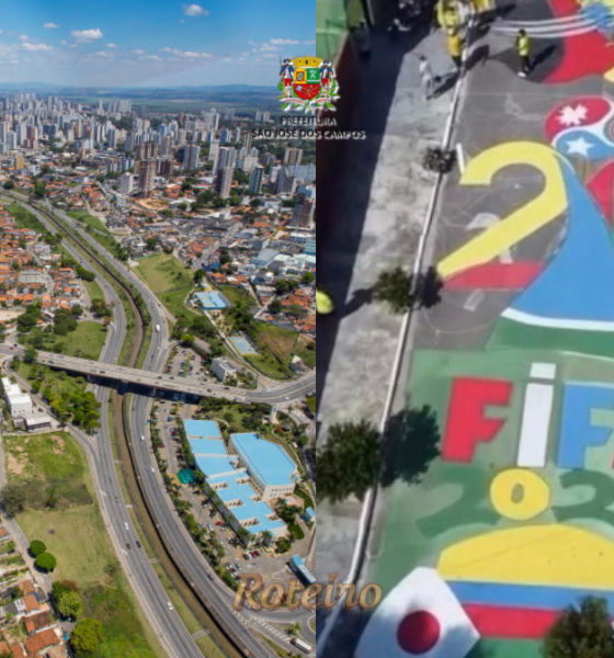 Montagem com vista aérea de São José dos Campos à esquerda, mostrando avenida principal e skyline da cidade, e à direita rua de bairro pintada com arte temática da Copa do Mundo FIFA 2026 nas cores verde, amarelo, azul e vermelho, com as letras FIFA 2026 em destaque. Foto: Divulgação/PMSJC
