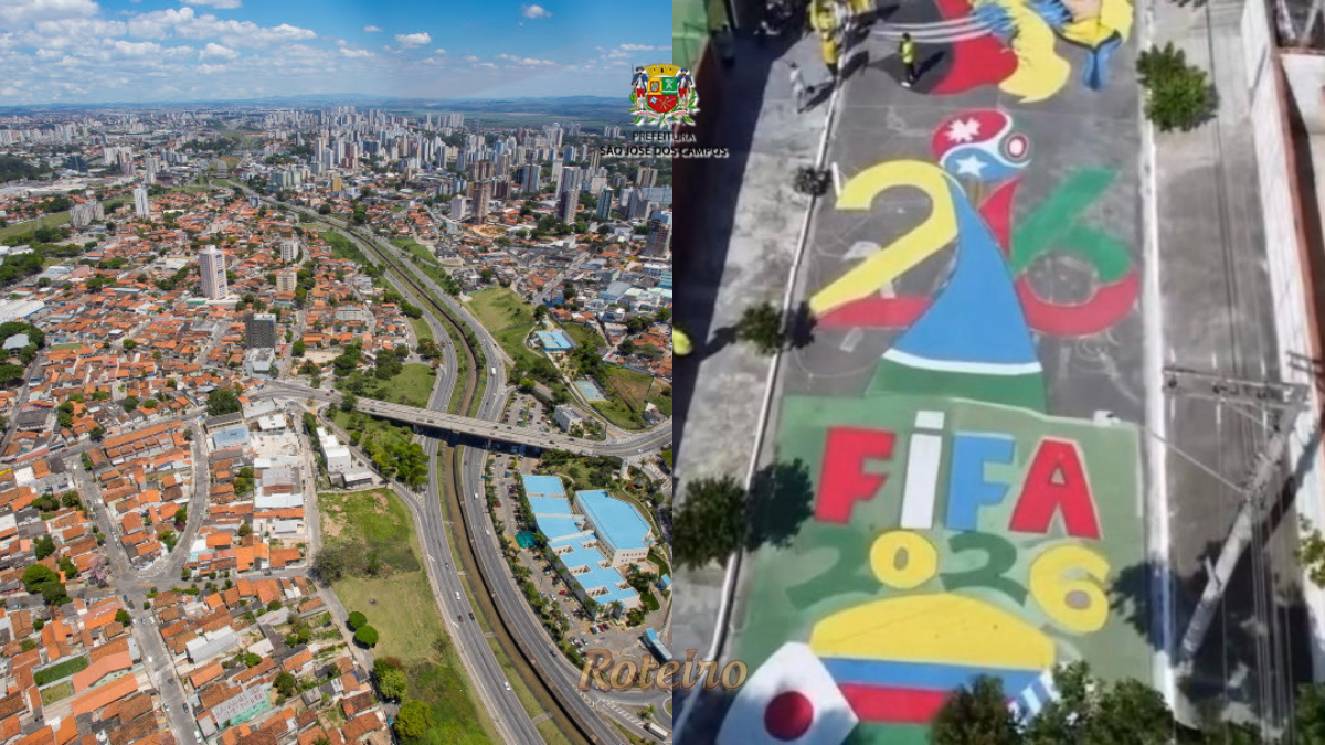 Montagem com vista aérea de São José dos Campos à esquerda, mostrando avenida principal e skyline da cidade, e à direita rua de bairro pintada com arte temática da Copa do Mundo FIFA 2026 nas cores verde, amarelo, azul e vermelho, com as letras FIFA 2026 em destaque. Foto: Divulgação/PMSJC