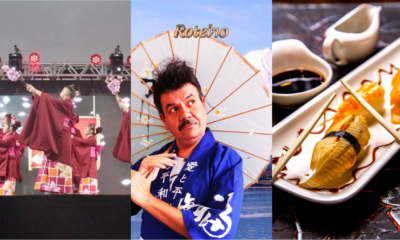 Montagem com três imagens do Vale Ninhon Matsuri em Taubaté: à esquerda grupo de dançarinas com quimono vinho no palco; ao centro apresentador do festival com roupa típica azul e guarda-chuva oriental japonês; à direita prato de niguiri com hashi e molho shoyu. Foto: Divulgação/Vale Ninhon Matsuri