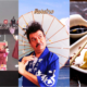 Montagem com três imagens do Vale Ninhon Matsuri em Taubaté: à esquerda grupo de dançarinas com quimono vinho no palco; ao centro apresentador do festival com roupa típica azul e guarda-chuva oriental japonês; à direita prato de niguiri com hashi e molho shoyu. Foto: Divulgação/Vale Ninhon Matsuri