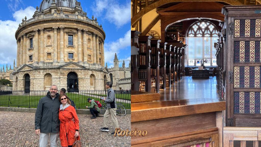 À esquerda, casal sorri em frente à Radcliffe Camera da University of Oxford, edifício circular em pedra com cúpula. À direita, interior de biblioteca histórica com estantes de madeira escura, teto abobadado e vitrais ao fundo. Logo do Portal RoteiroSJC na imagem.