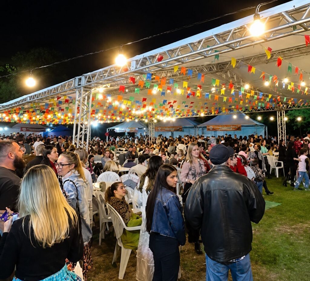 arraial festa junina SJC — público reunido no Arraiá da Vermelhinha com bandeirinhas coloridas