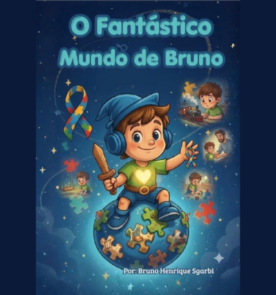 Capa do livro O Fantástico Mundo de Bruno Henrique Sgarbi, escritor autista em SJC, lançado no Shopping Jardim Oriente