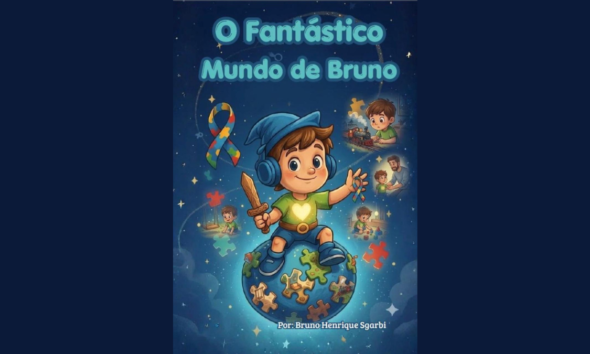 Capa do livro O Fantástico Mundo de Bruno Henrique Sgarbi, escritor autista em SJC, lançado no Shopping Jardim Oriente