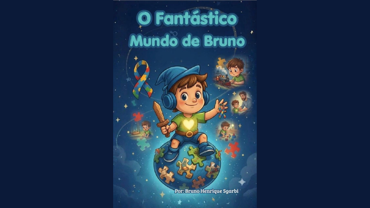Capa do livro O Fantástico Mundo de Bruno Henrique Sgarbi, escritor autista em SJC, lançado no Shopping Jardim Oriente