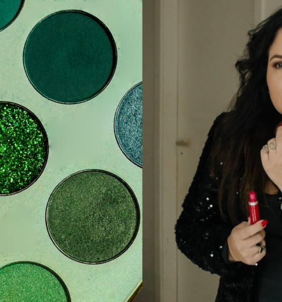 Elaine Calle aplicando batom vermelho com paleta de sombras verde e dourada da Copa do Mundo, representando estratégia de imagem profissional em São José dos Campos.