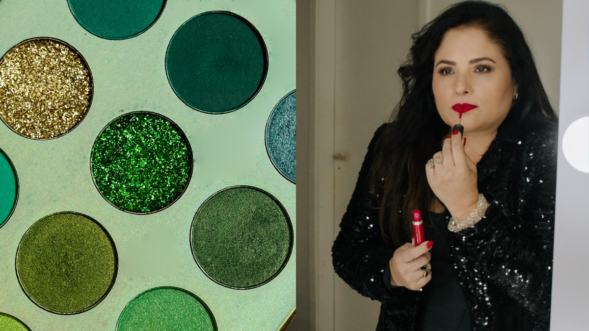 Elaine Calle aplicando batom vermelho com paleta de sombras verde e dourada da Copa do Mundo, representando estratégia de imagem profissional em São José dos Campos.